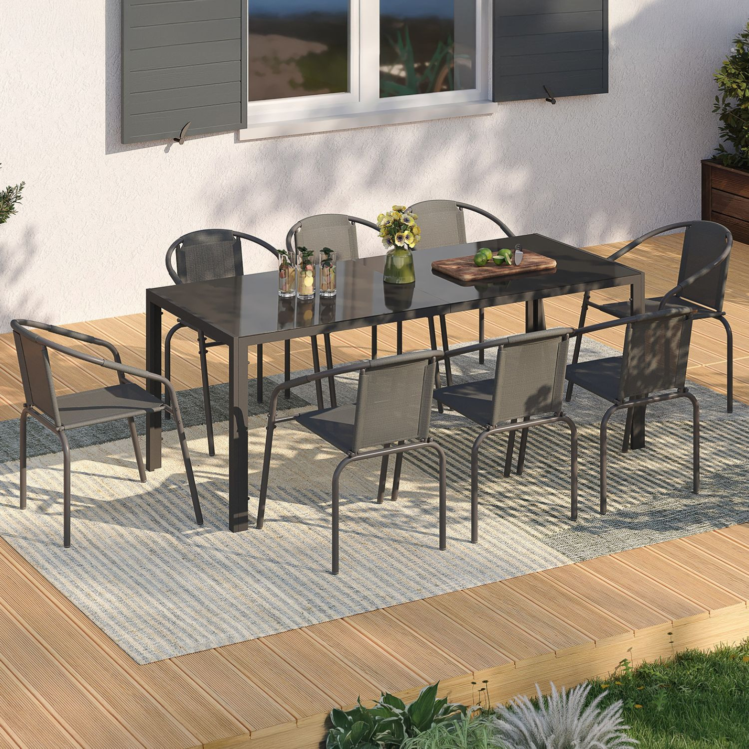 Salon de jardin table 190 CM et 8 chaises empilables gris anthracite