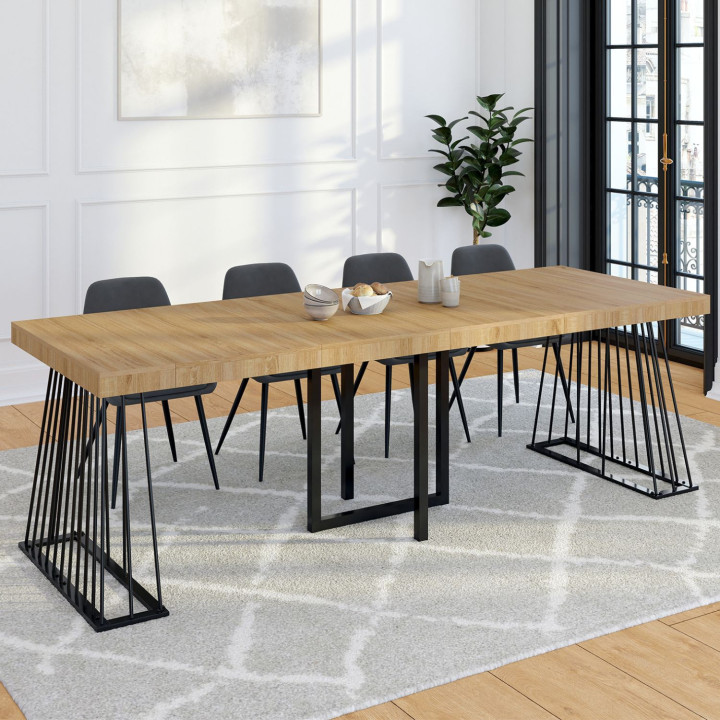 Consola extensible YUNA, 10 plazas, 235 cm, con tablero de madera y pata de alambre de metal negro