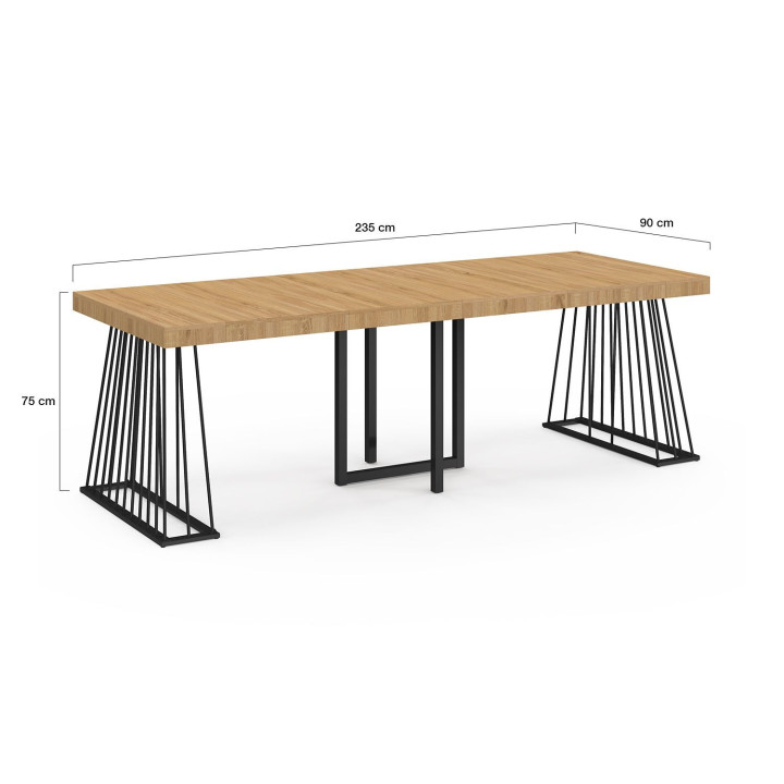 Consola extensible YUNA, 10 plazas, 235 cm, con tablero de madera y pata de alambre de metal negro