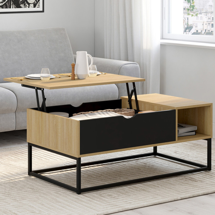 Table basse plateau relevable BOSTON avec rangements design industriel