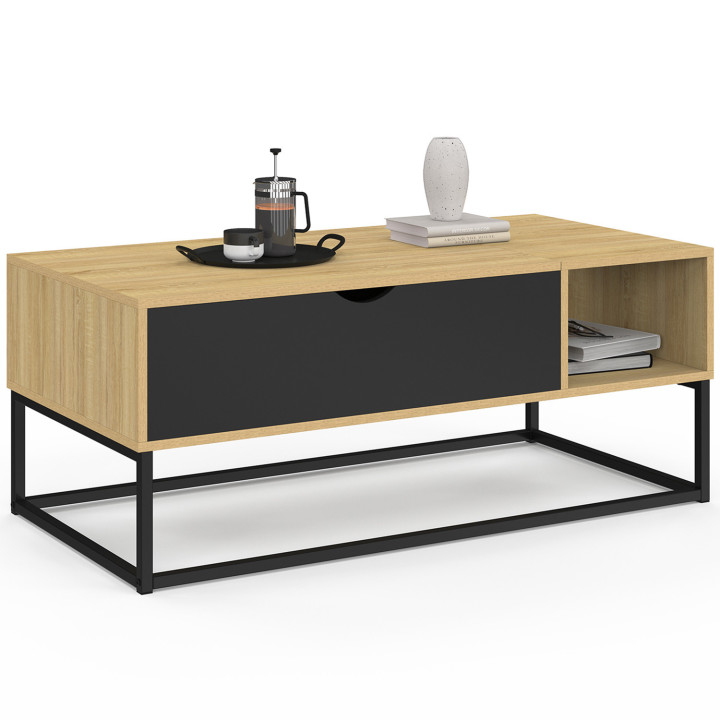 Table basse plateau relevable BOSTON avec rangements design industriel