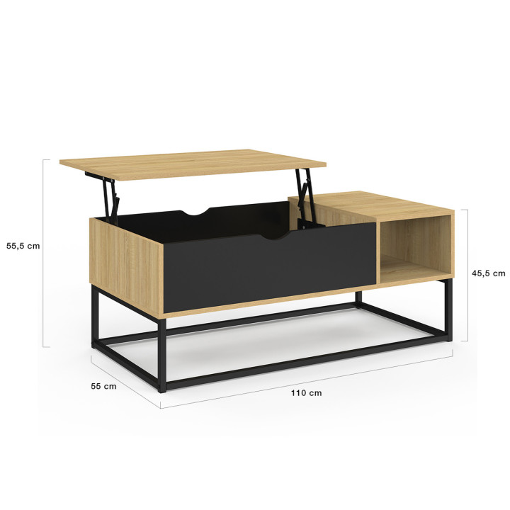 Table basse plateau relevable BOSTON avec rangements design industriel