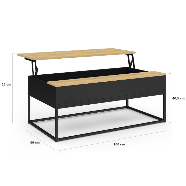 Table basse plateau relevable rectangulaire BOSTON 100 cm design industriel