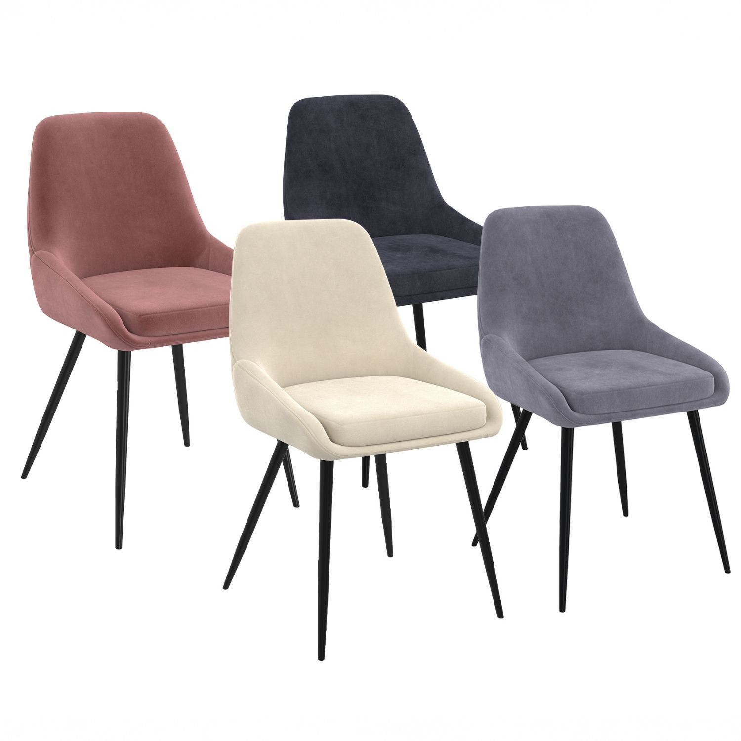 Lot de 4 chaises en velours mix color crème, gris clair, gris foncé, rose avec accoudoirs