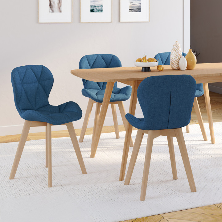 Lot de 4 chaises ROBINE en tissu bleu canard pour salle à manger