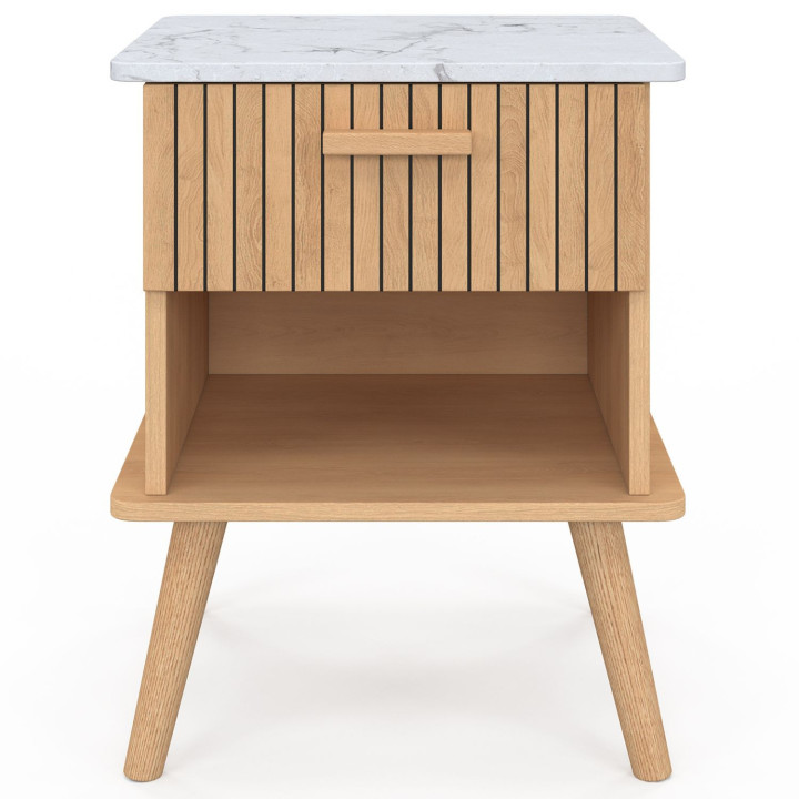 Lot de 2 tables de chevet JULIETTE plateau effet marbre 1 tiroir avec niche lattes tasseau bois