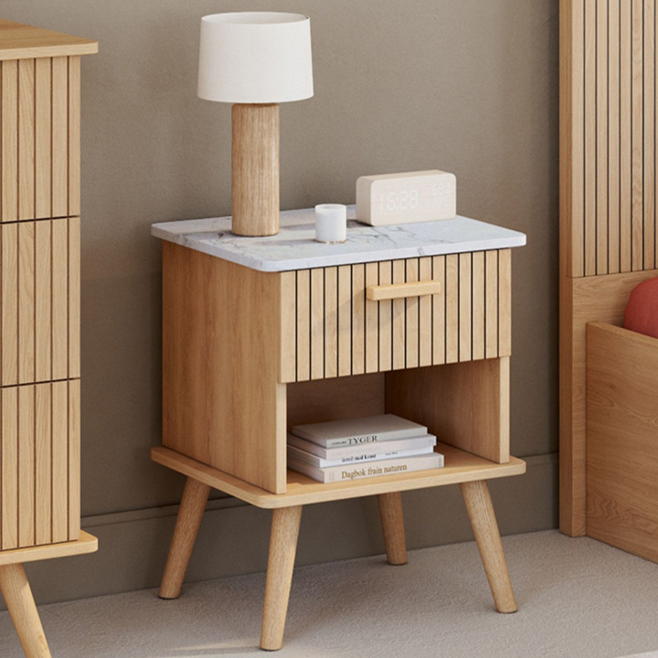 Lot de 2 tables de chevet JULIETTE plateau effet marbre 1 tiroir avec niche lattes tasseau bois