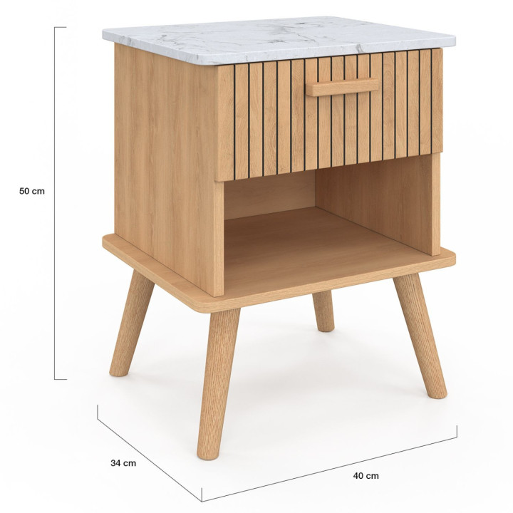 Set di 2 comodini JULIETTE, piano effetto marmo, 1 cassetto con nicchia a doghe di legno