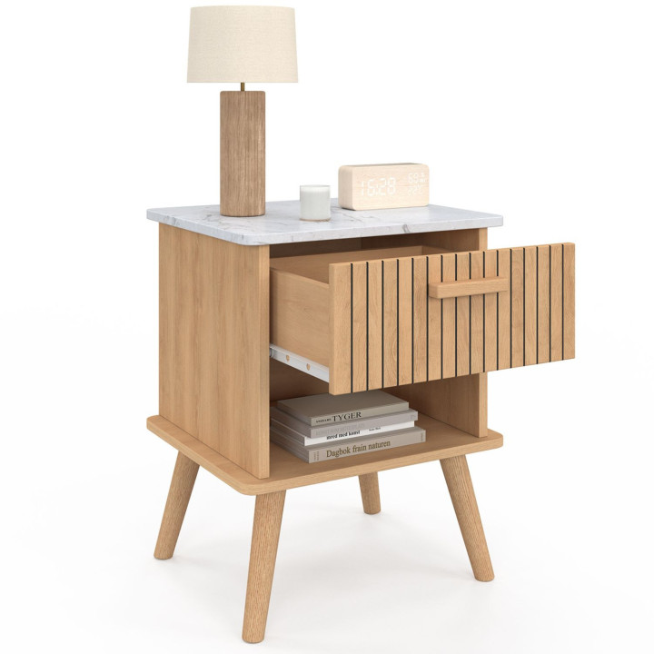 Set di 2 comodini JULIETTE, piano effetto marmo, 1 cassetto con nicchia a doghe di legno