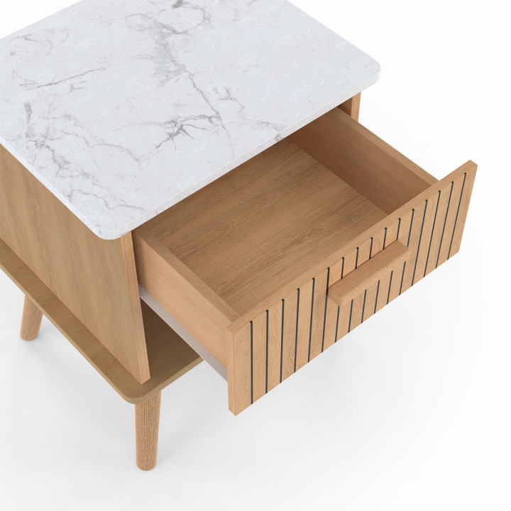 Lot de 2 tables de chevet JULIETTE plateau effet marbre 1 tiroir avec niche lattes tasseau bois