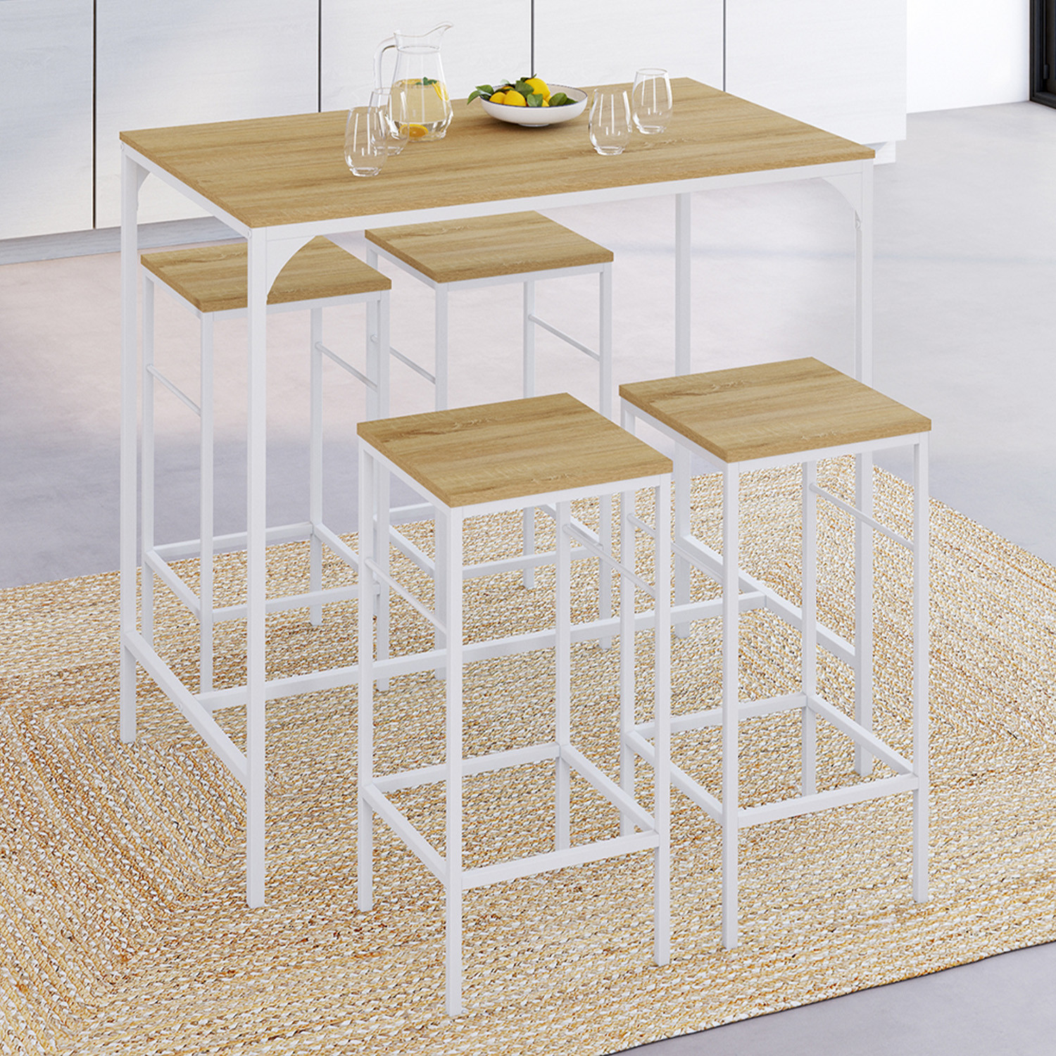 Table haute avec 4 tabourets métal blanc et bois style industriel