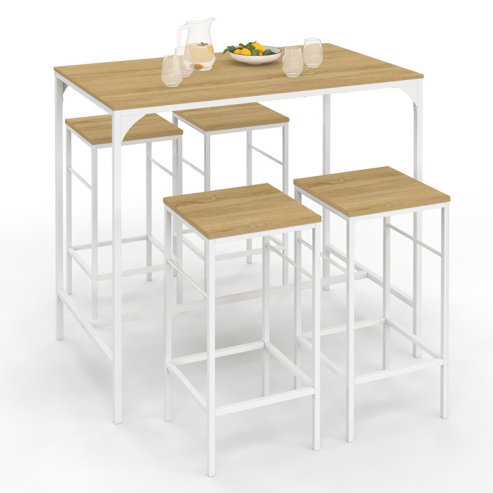 Set di tavolo da bar alto 100 cm e 4 sedie da bar in metallo bianco e legno dal design industriale - DETROIT | ID Market