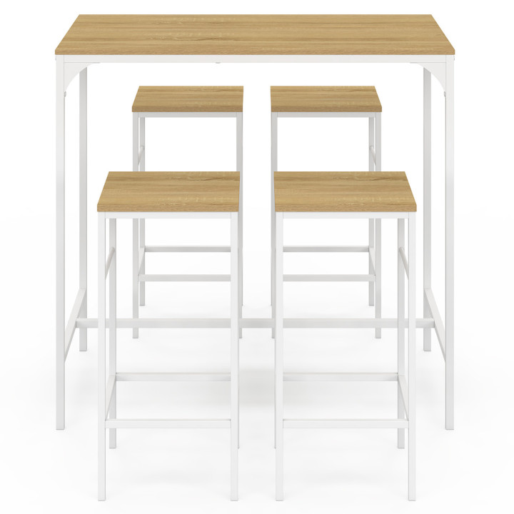 Set aus Bar-Hochtisch 100 cm und 4 Barstühlen aus Holz und weißem Metall im Industriedesign - DETROIT | ID Market