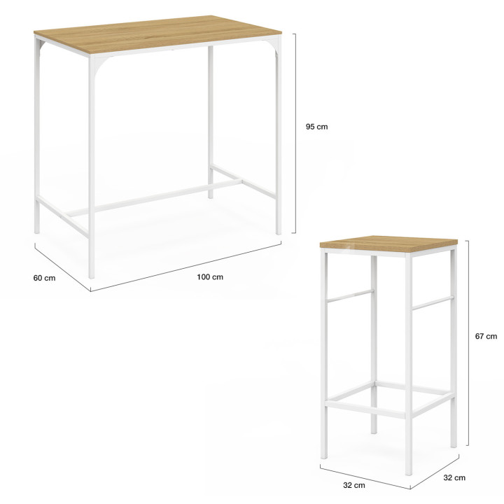 Set aus Bar-Hochtisch 100 cm und 4 Barstühlen aus Holz und weißem Metall im Industriedesign - DETROIT | ID Market