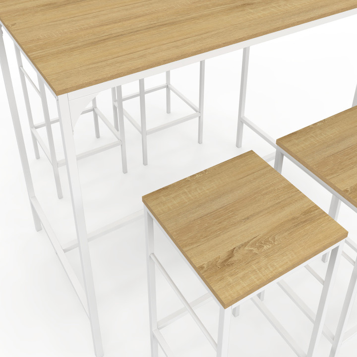 Ensemble table haute de bar DETROIT 100 cm et 4 tabourets de bar bois et métal blanc design industriel