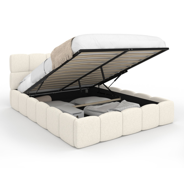 Doppelkastenbett NUAGE mit gestepptem Kopfteil und Lattenrost 140 x 190 cm weißer Bouclé-Stoff