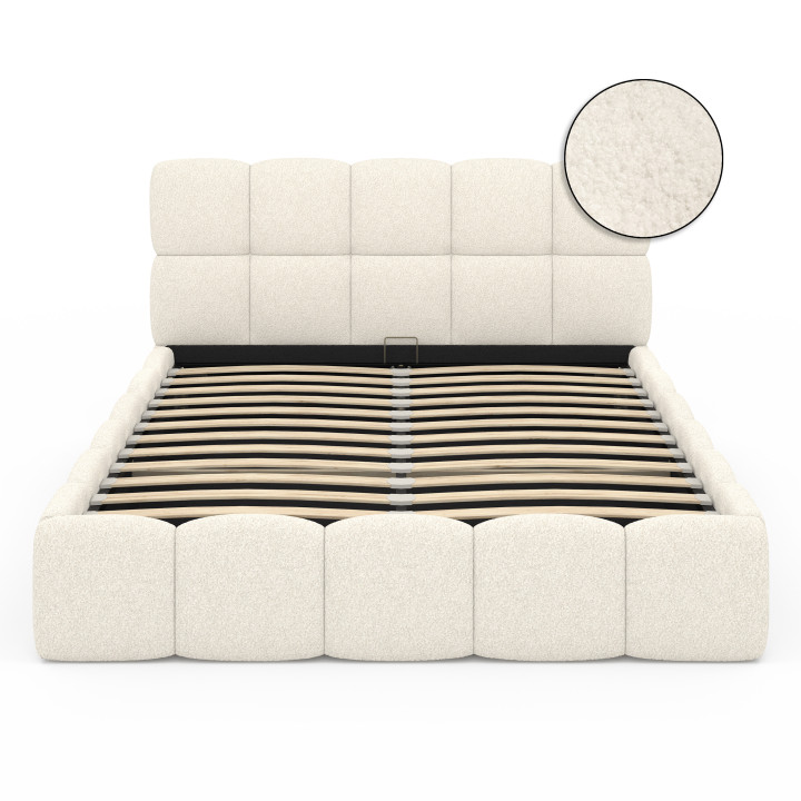 Cama de matrimonio NUAGE con cabecero acolchado y somier de 140 x 190 cm en tejido bouclette blanco