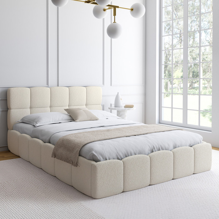 Cama de matrimonio NUAGE con cabecero acolchado y somier de 140 x 190 cm en tejido bouclette blanco