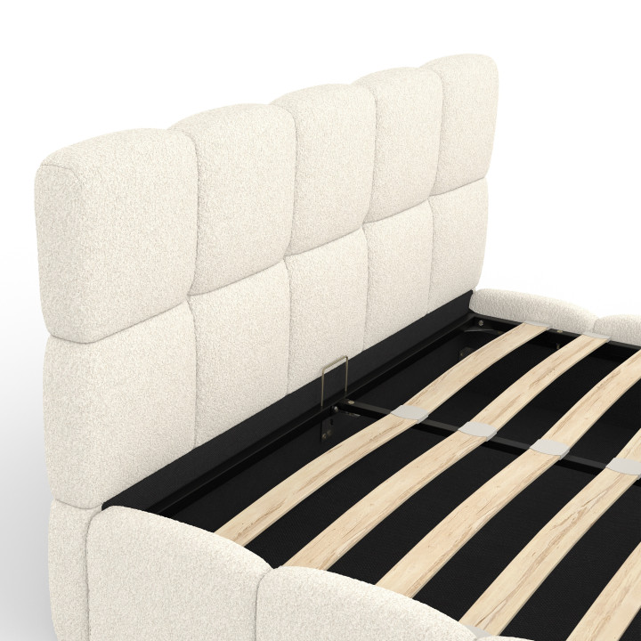 Letto matrimoniale NUAGE con testata trapuntata e rete a doghe 140 x 190 cm in tessuto bouclette bianco