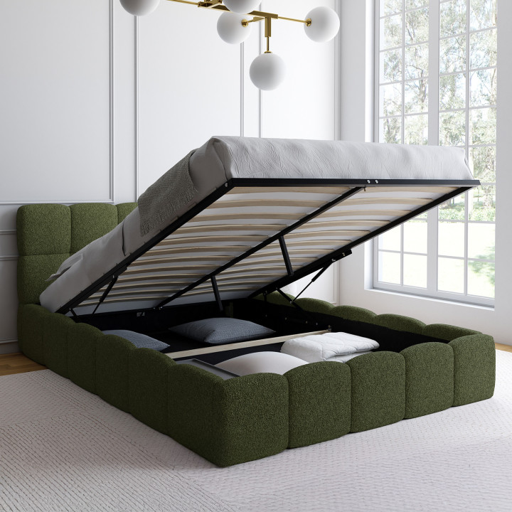 Cama doble NUAGE con cabecero acolchado y somier de 140 x 190 cm en tejido bouclette verde caqui