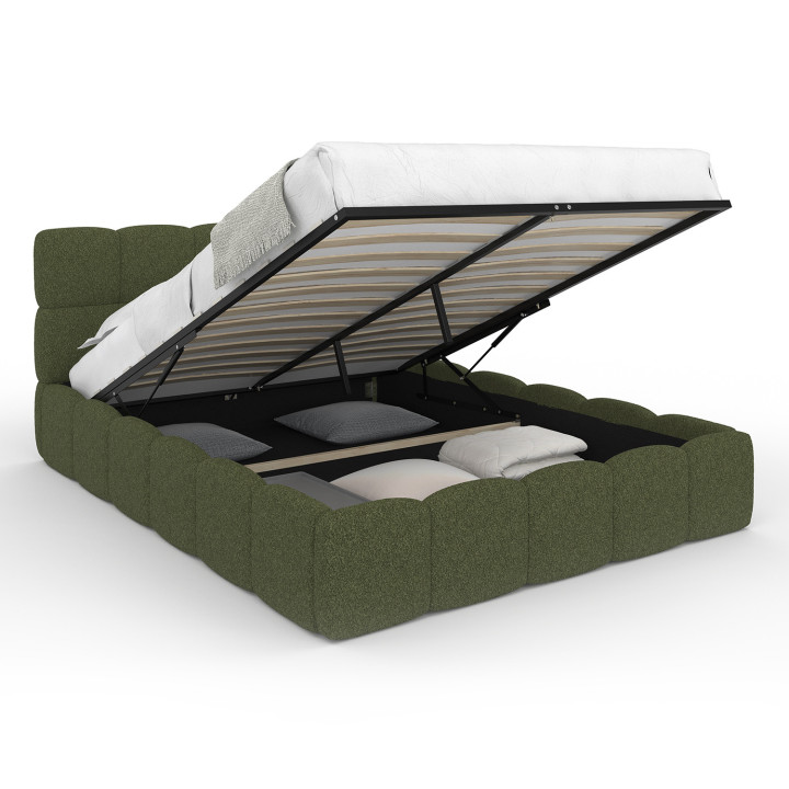 Letto matrimoniale NUAGE con testata trapuntata e rete a doghe da 140 x 190 cm in tessuto bouclette verde kaki