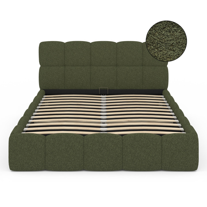 Letto matrimoniale NUAGE con testata trapuntata e rete a doghe da 140 x 190 cm in tessuto bouclette verde kaki