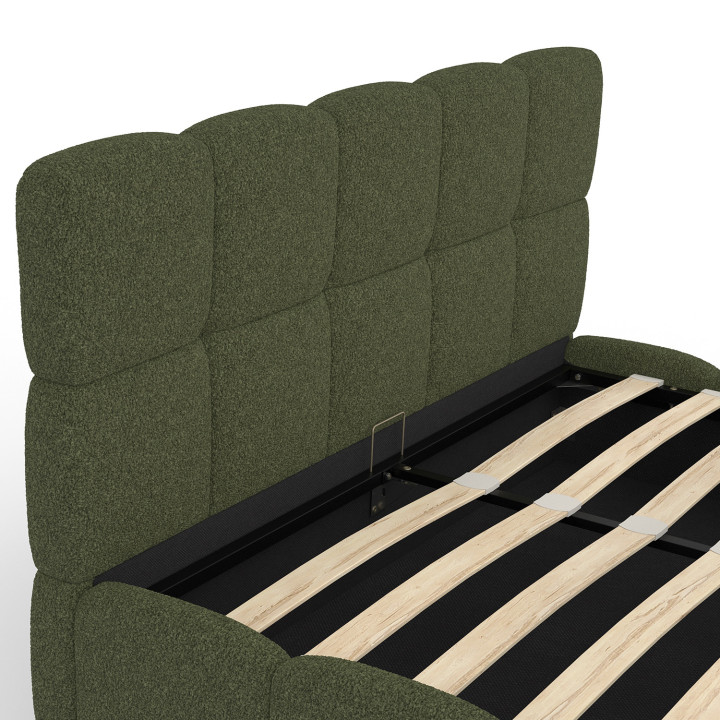 Doppelbett im Bettkasten mit gestepptem Kopfteil und Lattenrost 140 x 190 cm Bouclé-Stoff khakigrün - NUAGE | IdMarket