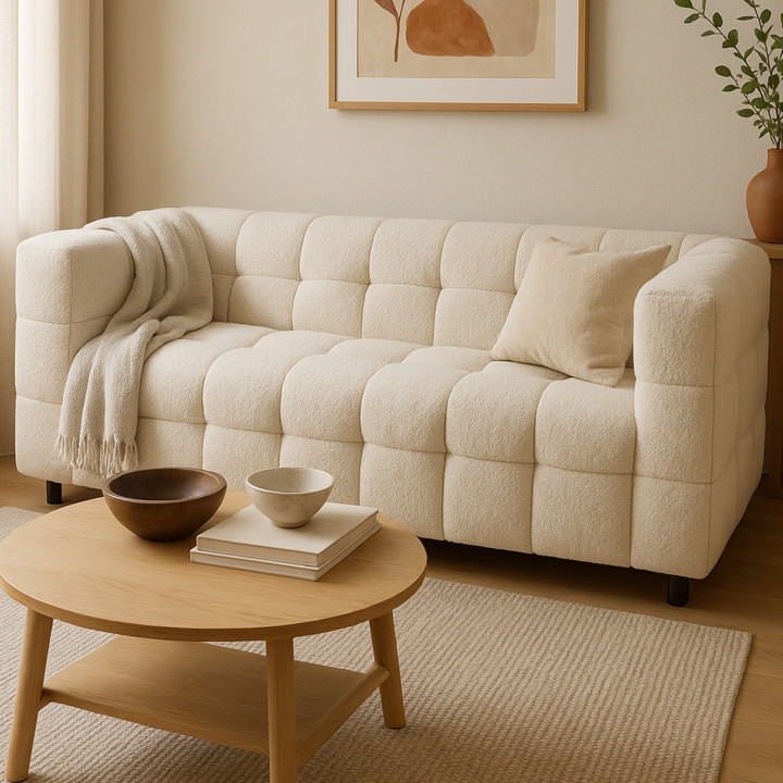 Sofá recto 2 plazas tapizado en tela bouclette beige - AMANCE |IDMarket