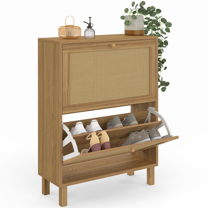 HANAE 12-delig schoenenrek in imitatiebeuken 2 deuren met natuurlijk rieteffect