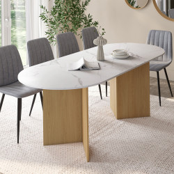 Uitschuifbare eettafel voor 6-10 personen met ovaal wit marmeren blad en beukenhouten afwerking 160-200 cm - MARTHE | IdMarket