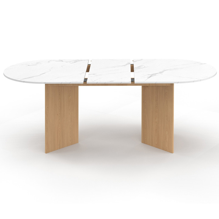 Table  à manger extensible ovale MARTHE 6 -10 personnes plateau marbre blanc ALASKA et bois façon hêtre 160-200 cm