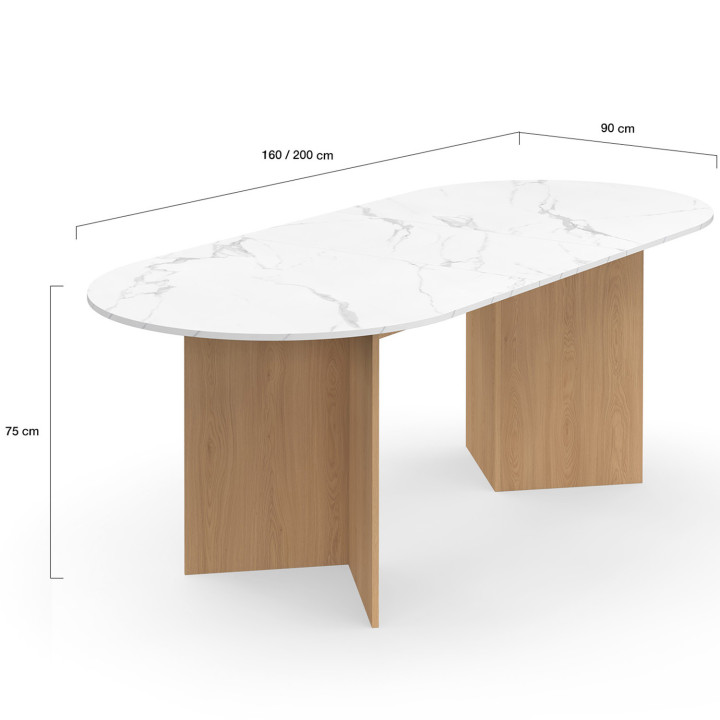 Table  à manger extensible ovale MARTHE 6 -10 personnes plateau marbre blanc ALASKA et bois façon hêtre 160-200 cm