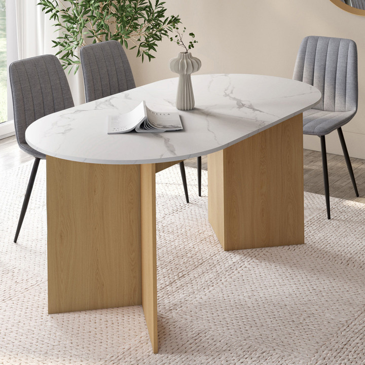 Table  à manger extensible ovale MARTHE 6 -10 personnes plateau marbre blanc ALASKA et bois façon hêtre 160-200 cm