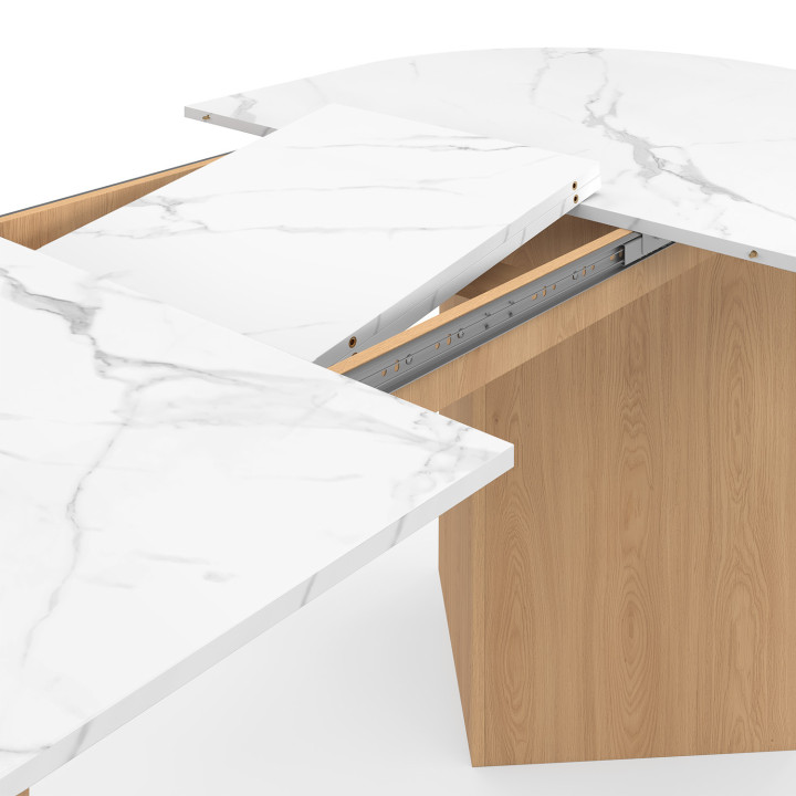 MARTHE Mesa de comedor extensible ovalada para 6-10 personas con tablero de mármol blanco ALASKA y acabado en madera de haya 160
