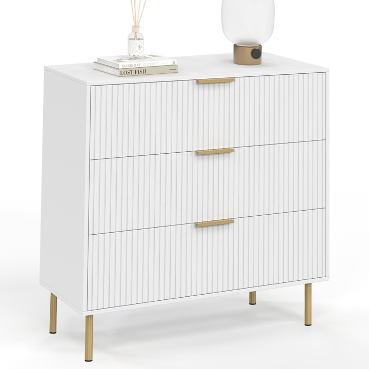 Commode 3 tiroirs MARCEL 80 cm lattes blanc et doré