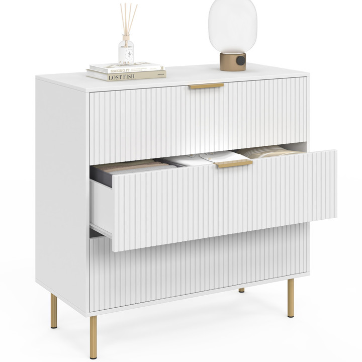 MARCEL Commode met 3 laden 80 cm wit en goudkleurige lamellen