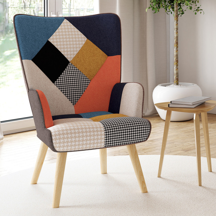 Scandinavische fauteuil in veelkleurig patchwork-motief, met pied-de-poule motief - JVAR | ID Market