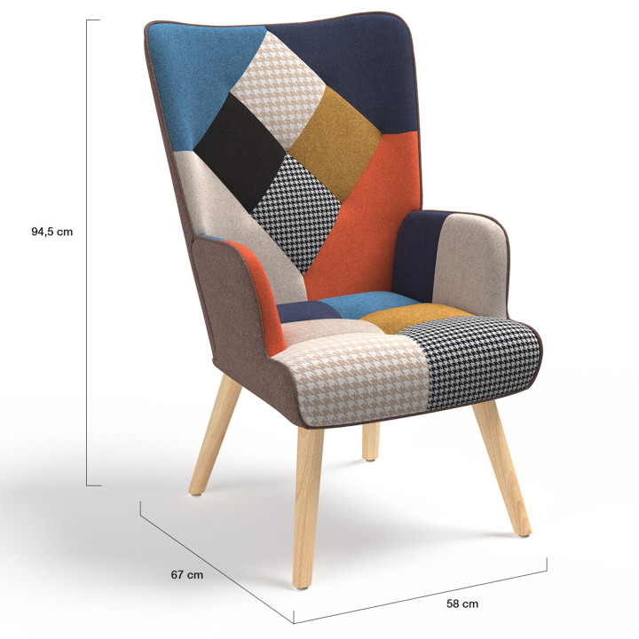 Sillón escandinavo de patchwork multicolor con estampado de pata de gallo - IVAR | ID Market