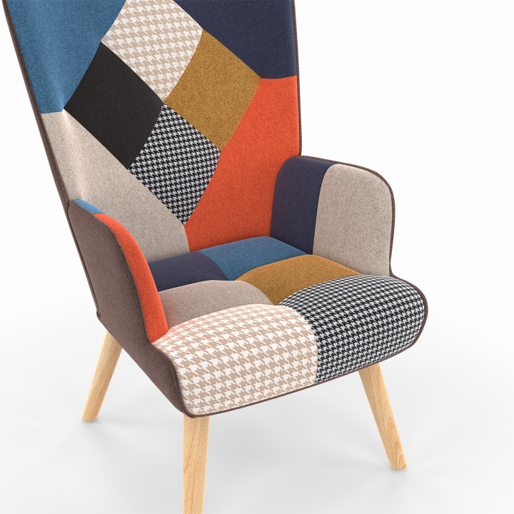 Fauteuil scandinave IVAR en tissu patchwork multicouleurs et imprimé pied de poule