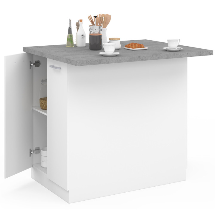 Ilot central IVO 120 cm blanc avec plan de travail effet béton