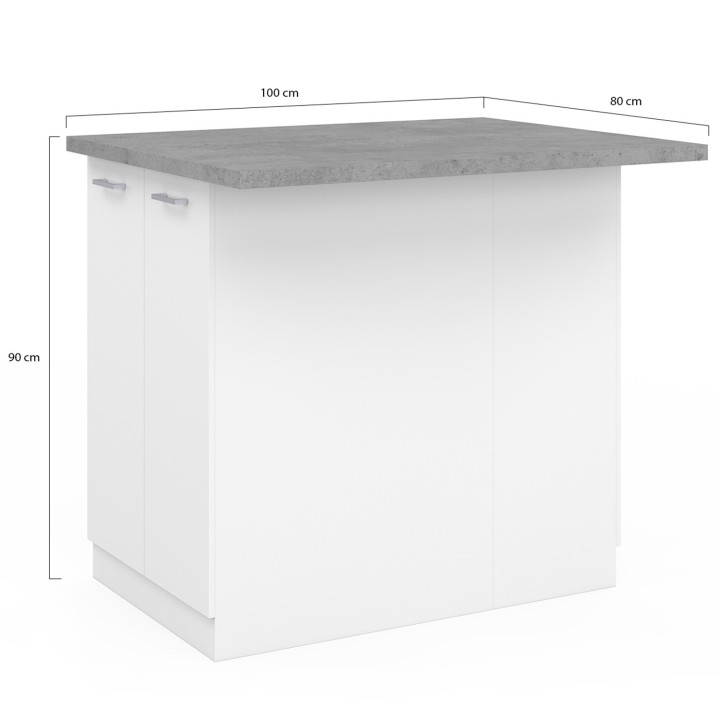 Ilot central IVO 120 cm blanc avec plan de travail effet béton