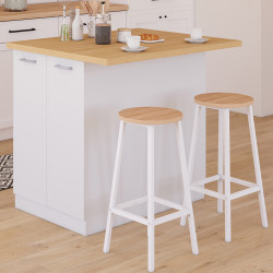 Ilot central IVO 100 cm blanc avec plan de travail façon hêtre