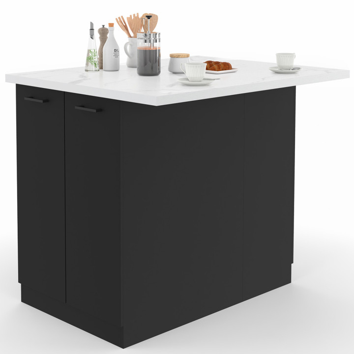 Ilot central IVO 100 cm bois noir avec plan de travail effet marbre ALASKA