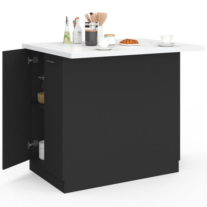 Ilot central IVO 100 cm bois noir avec plan de travail effet marbre ALASKA