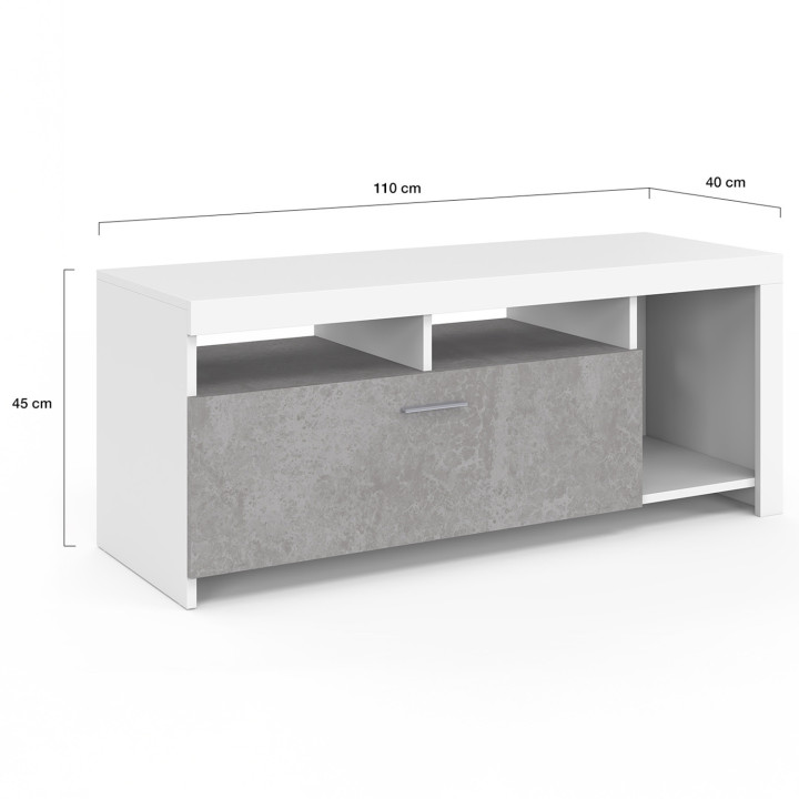 Meuble TV 110 cm MALO blanc et placard effet béton