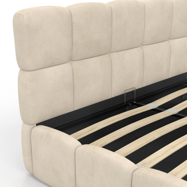 Letto matrimoniale a cassettone NUAGE con testata trapuntata e base in velluto beige da 160 x 200 cm