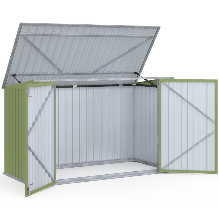 Abri de jardin en métal vert olive verrouillable multi-rangement pour stockage vélos, outils, poubelles