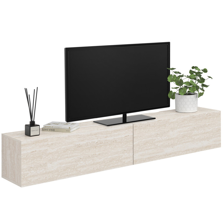 Meuble TV 180 cm suspendu ELIO 2 portes bois effet travertin