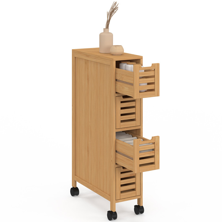 Torre de almacenamiento BEA de bambú con 4 cajones y ruedas para ahorrar espacio