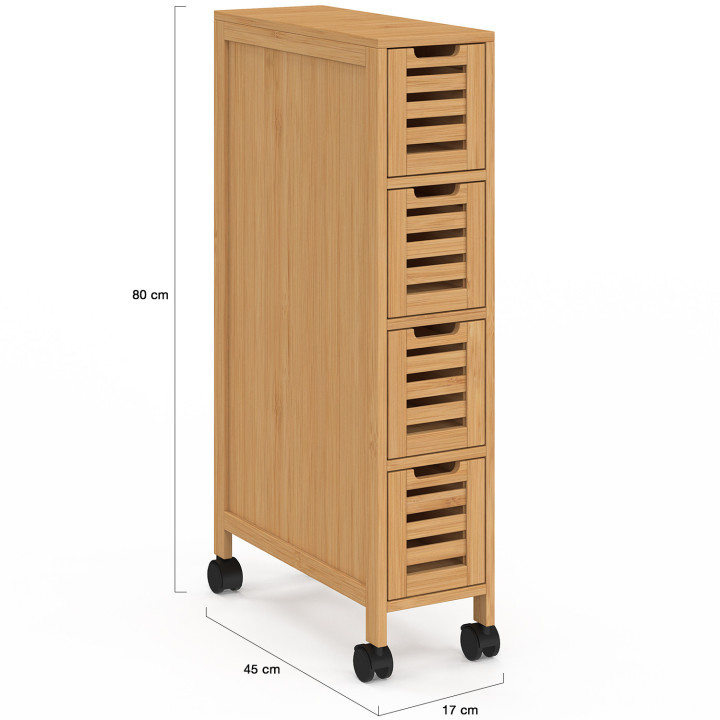 Torre di stoccaggio BEA a 4 cassetti in bambù su rotelle salvaspazio